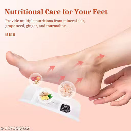 Foot care product with ingredients and text about nutritional care for feet on a pink background
